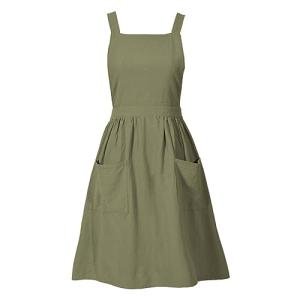 Olive Green Cotton Linen Pinafore Apron Dress