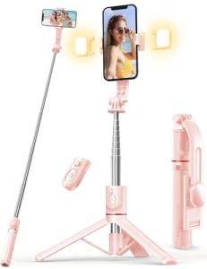 Pink Selfie Stick Tripod with Light and Remote