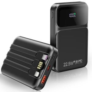WIXLI 10000mAh Portable Charger with Built-in Cable, PD 22.5W Fast Charging USB C Battery Pack, Cell Phone Power Bank LCD Display for iPhone 16/16 Pro/16 Plus/15/14/13/12/11/X, Samsung, etc