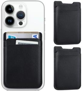 2Pack Phone Wallet Stick on, Card Holder for Back of Phone Case, Leather Credit Card Holder for Cell Phone Sticky Wallet Double Pocket Sticker for iPhone, Android, Samsung-Black