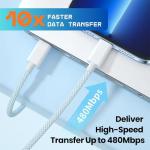 DN-Technology For iPhone 17 16 15 Pro Max Air Charger Cable USB-C to C Charging Lead Type C 60W PD Super Fast 1m Braided Data Sync Transfer iPad Tablet Smartphone Compatible 17 pro max Plus (White)