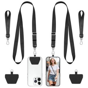 COCASES Phone Lanyard Crossbody and Wrist Strap 2 Pack, Adjustable iPhone Lanyard for neck and wrist with 2 Patches Anti Theft Phone Chain compatible with most Smartphones Black*2