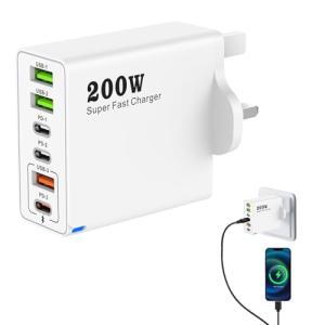 65w Multi-Port Fast Wall Charger UK Plug, 200W USB C Multi Charger Plug, Multi Port Fast Wall Charger, 6-Port Fast Charging Plug for MacBook, Steam Deck, iPhone 15/16/14 Pro, All Smartphone