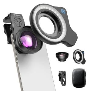 APEXEL HB100 Ultra HD Phone Macro Lens with 45 Lighting Options & AF Anti-Glare Macro Lens Suitable for iPhone, Samsung, Pixel and Other Smartphones
