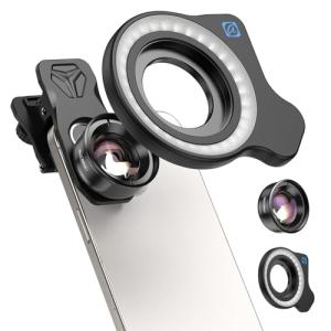 APEXEL HB100-HD Mobile Macro Lens, F1.8 with 45 Fill Light Modes, 10X Mobile Phone Lens with Phone Clip, Compatible with iPhone 17/16/15, Samsung, Google Pixel, and Other Smartphones