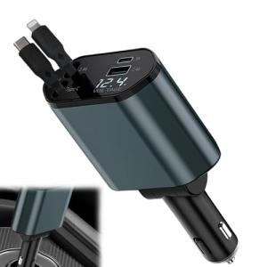 120W Retractable Car Charger Adapter, 4 in 1 Car Charger with Retractable Cables Light-ning + USB C and USB/USB-C Ports, Mobile Phone Automobile Chargers Compatible with iPhone, Android, Samsung