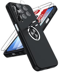 LeYi for Samsung Galaxy A17 Phone Case with 2 Tempered Glass Screen Protector, 2 Camera Lens Protector and Invisible Metal Ring Stand Holder, Shockproof Protective Mobile Cover for A17 - Black