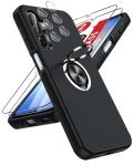 LeYi for Samsung Galaxy A17 Phone Case with 2 Tempered Glass Screen Protector, 2 Camera Lens Protector and Invisible Metal Ring Stand Holder, Shockproof Protective Mobile Cover for A17 - Black