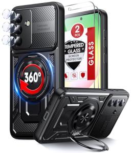 LeYi for Samsung A36 5G Case, Invisible Ring Stand Holder with 2 Tempered Glass Screen Protectors and 2 Camera Lens Protectors, Tough Protective Shockproof Mobile Phone Cover for Galaxy A 36, Black