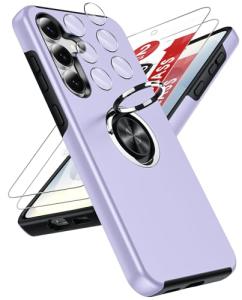 LeYi for Samsung Galaxy S25 FE Phone Case with 2 Tempered Glass Screen Protector, 2 Camera Lens Protector and Invisible Metal Ring Stand Holder, Shockproof Protective Mobile Cover for S25FE - Purple