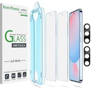 amFilm Auto-Alignment OneTouch for Samsung Galaxy S24 FE 6.7'' Screen Protector + Camera Lens Protector,Tempered Glass,30 seconds Installation, Bubble Free, Case Friendly, Anti-Scratch [2+2 Pack]