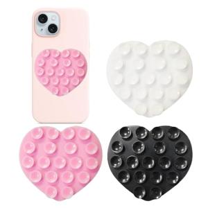 Heart-Shaped Silicone Phone Sticky Grip - Adhesive Back Phone Holder for iPhone & Android, Selfie Mirror Mount with Strong Suction Cup, Hands-Free Grip for Phone Case (Pink, White, Black)