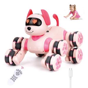 HuiJuKeJi Smart Interactive Robot Dog Toy - Easy Programmable Remote Control Robotic Pet with Gesture Sensing 8WD 360° Stunts, LED Eyes Dancing & Music RC Cars, Birthday Gift for Kids Ages 3-8