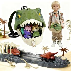 Infistaky Dinosaur Toys Shoulder Bag with Rolling Wheels & Launch Tracks & Educational Storage Box, 3-in-1 Jurassic Toy Set for Kids 3+, Playset Gift for Toddler Boys & Girls（Tyrannosaurus rex）