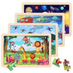 Wooden Educational Jigsaw Puzzles for Preschool Kids Ages 3-5, 4-Pack with 20 Pieces Dinosaur, Space, Transportation Wood Puzzles Set, Toddler Brain Teaser Toys, Gifts for Boys Girls Ages 3 4 5 6