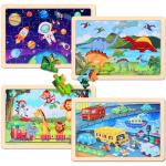 Wooden Educational Jigsaw Puzzles for Preschool Kids Ages 3-5, 4-Pack with 20 Pieces Dinosaur, Space, Transportation Wood Puzzles Set, Toddler Brain Teaser Toys, Gifts for Boys Girls Ages 3 4 5 6