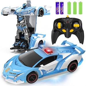 FDJ RC Cars - Transform Remote Control Car, 2.4Ghz 1:18 Scale Transforming Police Car Toy with Flashing Light, One Button Deformation 360 Degree Rotating Drifting Kids Toys Car for Boys Girls