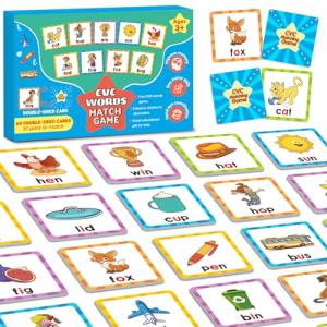 CVC Word Games Kindergarten, Memory Games for Kids Ages 4-8 & Matching Games for Toddlers 3-5, 60 PCS Phonics Games Flash Cards, Educational Toys Homeschool Supplies for Boys and Girls