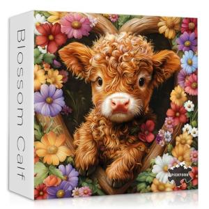 Highland Cow Puzzles for Adults 1000 Pieces, PICKFORU Blossom Calf Puzzle, Flower Garden Cute Cow Floral Themed, Heart Animal Plant Nature Puzzles for Adults