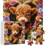 Highland Cow Puzzles for Adults 1000 Pieces, PICKFORU Blossom Calf Puzzle, Flower Garden Cute Cow Floral Themed, Heart Animal Plant Nature Puzzles for Adults