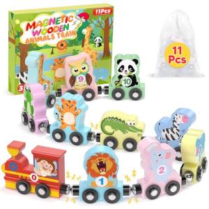 11 Pcs Magnetic Train Set Montessori Toys for 1 2 3 Years Old Toddlers Boys Girls, Wooden Animals Preschool Learning Easter Basket Stuffers Sensory Toys Birthday Gifts Ages 1-3, 2-4