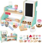 Fisher-Price Wood Pretend Play Coffee Shop & Toy Register, 20-Piece Wooden Food Playset for Preschool Kids Ages 3+ Years