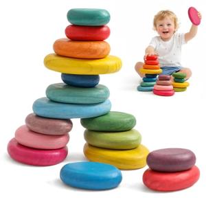 OESSUF Extra-Large Stacking Rocks for Toddlers 1-3, 16 PCS Wooden Montessori Toys, Safe Smooth Jumbo Balancing Stones for Open-Ended Sensory Play, STEM Building Blocks for Boys & Girls
