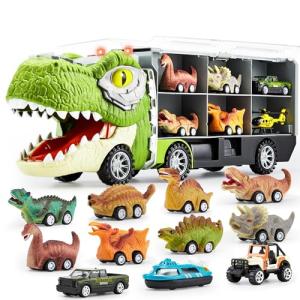JOYIN 13 in 1 Dinosaur Toys for Kids 3-5, Dinosaur Truck with 12 Pull Back Cars, Birthday Gifts Toys for 3 4 5+ Year Old Boy, Transport Carrier Truck for Toddlers, Christmas Great Gifts for Grandkids