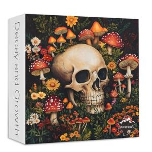 Vintage Mushroom 1000 Piece Puzzle for Adults, PICKFORU Horror Jigsaw Puzzles Skeleton Skull, Colorful Wildflower Puzzles for Adults, Terror Skull Puzzle as Mushroom Art