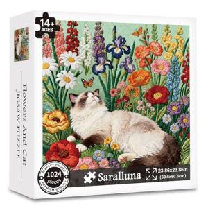 Saralluna Puzzle for Adults 1024 Pieces, Flowers Embroidered Floral Garden Cat Jigsaw Puzzle, Challening Impossible Difficult Hard Fun 1024 Pieces Jigsaw Puzzles for Adults