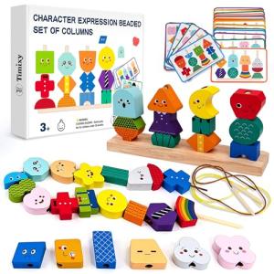 Timixy Montessori Wooden Stacking & Lacing Bead Set for Toddlers and Kids Ages 3+, Bead Sequencing and Shape Matching Toy with Pattern Cards, Character Faces & Patterned Designs