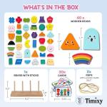 Timixy Montessori Wooden Stacking & Lacing Bead Set for Toddlers and Kids Ages 3+, Bead Sequencing and Shape Matching Toy with Pattern Cards, Character Faces & Patterned Designs