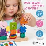 Timixy Montessori Wooden Stacking & Lacing Bead Set for Toddlers and Kids Ages 3+, Bead Sequencing and Shape Matching Toy with Pattern Cards, Character Faces & Patterned Designs