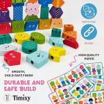 Timixy Montessori Wooden Stacking & Lacing Bead Set for Toddlers and Kids Ages 3+, Bead Sequencing and Shape Matching Toy with Pattern Cards, Character Faces & Patterned Designs