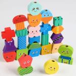 Timixy Montessori Wooden Stacking & Lacing Bead Set for Toddlers and Kids Ages 3+, Bead Sequencing and Shape Matching Toy with Pattern Cards, Character Faces & Patterned Designs
