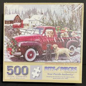 Bits and Pieces 500 Piece Puzzles for Adults - Large 15" x 19" Jigsaw Puzzles 500 Pieces Red Truck Presents Dogs, Random Die Cut, No 2 Pieces Alike, Christmas Delivery