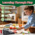 Lehoo Castle Wooden Train Set - Dinosaur Train Set for Toddlers 2-4, Wooden Train Track Railway Playset Toys for 3 4 5 6 Year Old Boys Girls Birthday Gifts