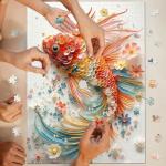 Colorful Fish Puzzles for Adults 1000 Pieces, Impossible Flower Fish Jigsaw Puzzles, Jewels Floral Animal Puzzle as Wall Decor