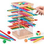 Montessori Wooden Board Games, 48 Colorful Sticks Dice Game with 12 Balls, Family Game for Kids and Adults, Math Educational Toys for 3 4 5 6 Years Old, Fine Motor Skills Toy Gifts for Boys and Girls