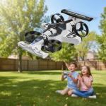 Racing car and drone combination, remote-controlled flying car, foam material. Features include one-key takeoff, stable hovering, racing mode, and 360° aerial flips. An ideal and fun birthday gift.