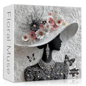 Impossible Puzzles for Adults 1000 Pieces,PICKFORU Floral Muse Puzzle Elegant Lady,Beauty Flower Woman Puzzle Black and White Pearl,Hard Challenge Jigsaw Puzzles Aesthetic