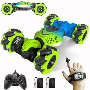 HOSHIPLAY Gesture RC Car Green, 1:24 4WD Transform Off-Road Stunt Car with Gesture & Remote Control, 360° Flips Drift Vehicle with LED Lights Music, All Terrain Toy Cars Gifts for Boys Girls Age 6-12