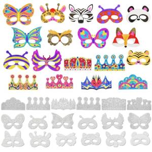 VKPI 48 PCS Color Your Own Paper Crowns and Paper Masks, DIY Art Coloring Craft Activity for Kids Birthday Dress up Party Favors Decoration, School Home Art Coloring Activities