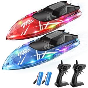 TOLLCY Remote Control Boat for Kids, 2Pack RC Boats with LED Lights for Pools Lakes River & Bathtub, 2.4Ghz Control, Whole Body Waterproof, 2 Rechargeable Batteries Summer Water Toys