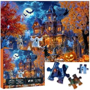 Halloween Night Jigsaw Puzzle for Adults 1000 Pieces-Haunted House Pumpkin,Witch,Skeleton,Ghosts & Batstheme Puzzles Spooky Night Sky Puzzle-for Holiday Party Gifts or Decorations