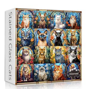 Stained Glass Puzzle Cat Puzzles for Adults 1000 Pieces, Colorful Kitty Kitten Collage Puzzles 1000 Pieces, Hard Difficult Impossible Challenging Jigsaw Puzzles for Adults