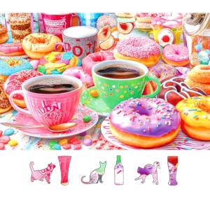 500 Pieces Puzzles for Adults Colorful Donuts Coffee Jigsaw Puzzle Letter on Back No Dust Difficult Unique Family Challenging Food Puzzles Gift Toy for Adults Seniors Perfect for Game Nights （23"x15"）