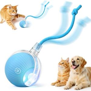 SilveWillo Interactive Electric Automatic Rolling Moving USB Rechargeable Self Activated Play Stimulation Toy Smart Chase Teaser Ball with Speedy Tail Rope for Bored Adult Indoor Cats and Dogs, Blue