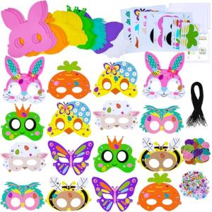 Winlyn 24 Sets Spring Masks Craft Kits DIY Foam Easter Kids Party Mask Art Sets Bee Frog Owl Bunny Chick Lamb Butterfly Face Mask Stickers for Kids Spring Classroom Activities Party Favors Art Project
