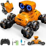 Fotgear Robot Toys for Boys Girls - 8 Wheels RC Stunt Car with Cool Lights & Music, LED Eyes, Flexible Head, Auto-Demo, 360° Rotation - All-Terrains Toy RC Cars for 6+ Years Old Kids, Orange